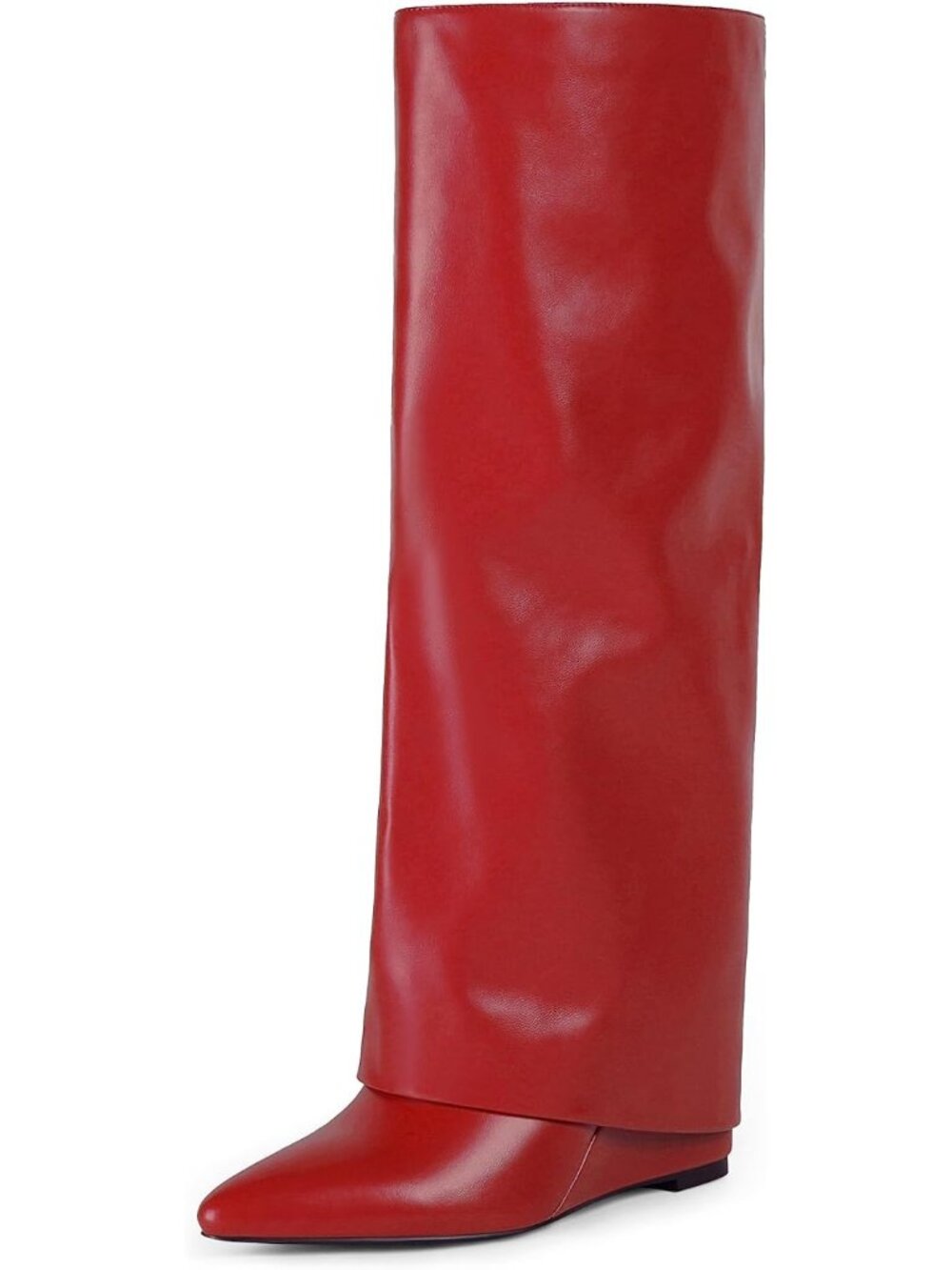Women's Red Faux Leather Fold Over Wedge Heel Side Zipper Shark Knee High Boots